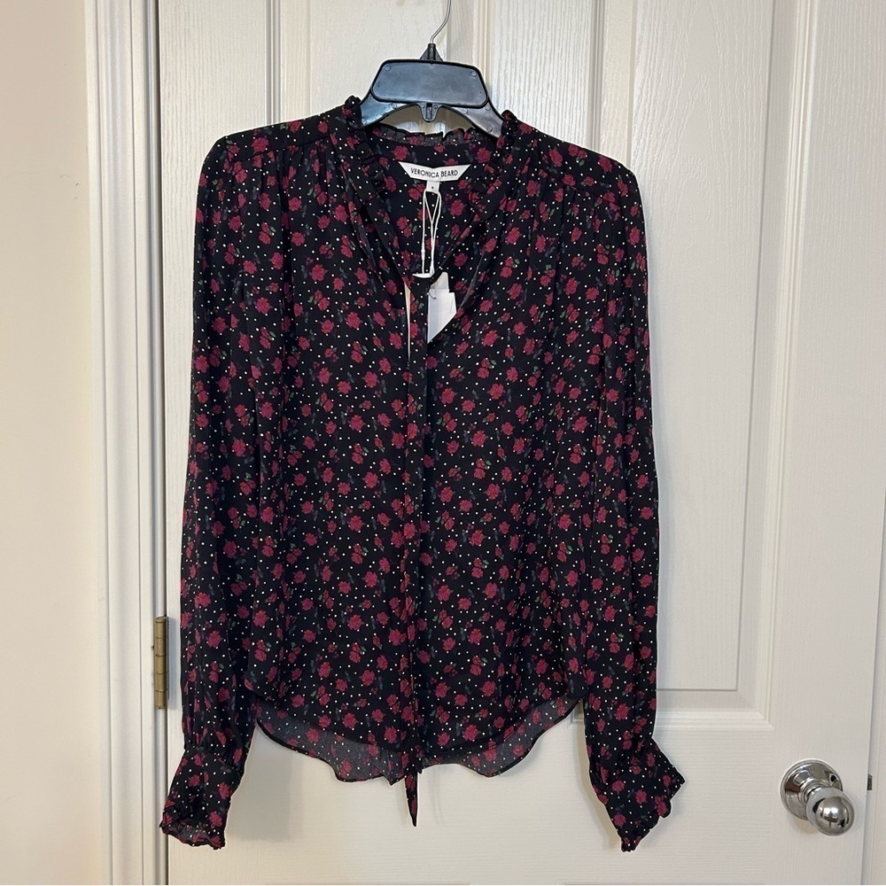 Veronica Beard Louama Floral Blouse Tie-neck in Black Multi - Picture 5 of 9